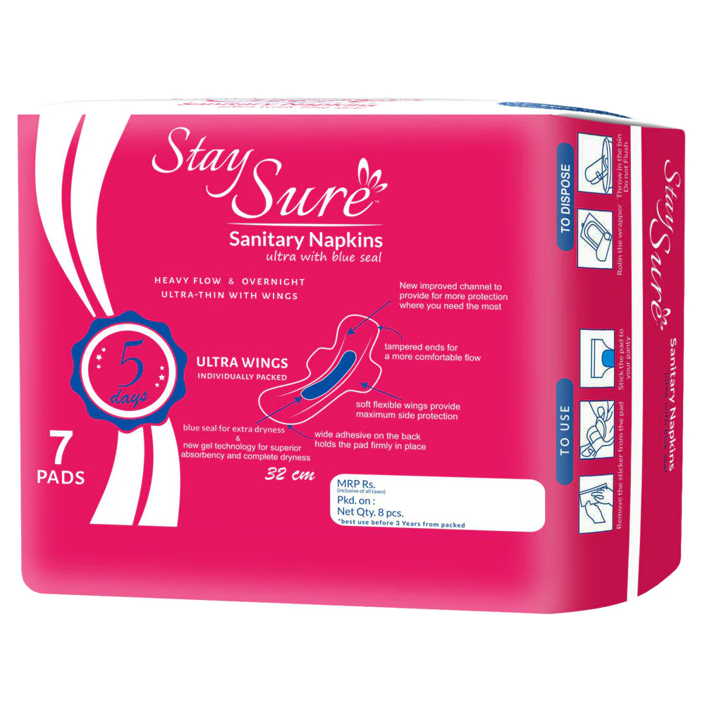 Stay sure 320mm xxl & extra thin sanitary pads pack of 7 individually wrapped pads