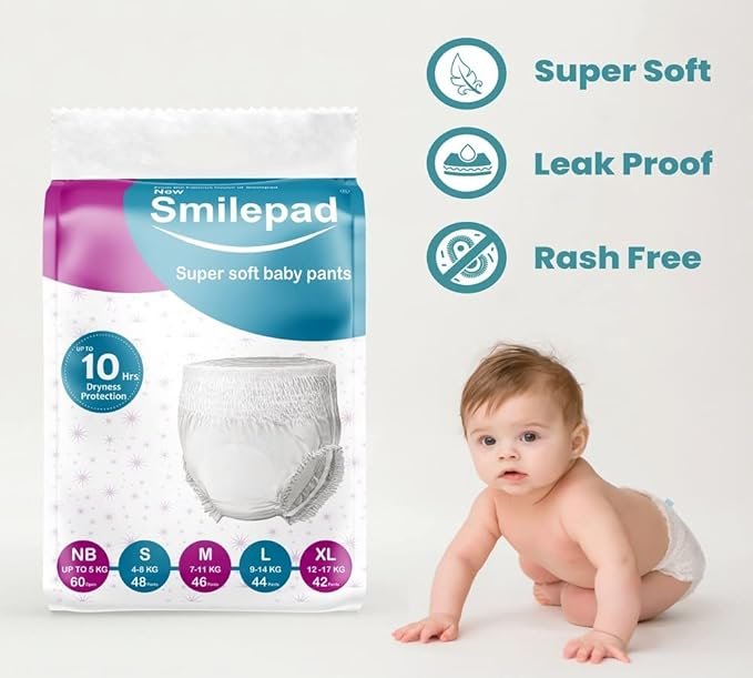 Smilepad Biodegradable Baby Diapers – M Size Diaper Pant Style for 7 to 11 Kg – Ultra-Absorbent, Soft & Comfortable – A Pack Contains 46 Diapers