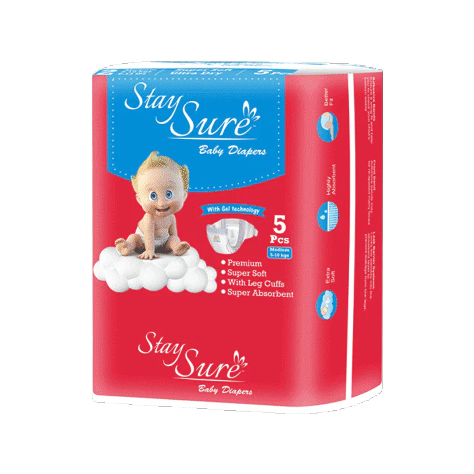 Stay Sure Baby Diapers Sticky type Medium Size – Pack Of 5 Pcs