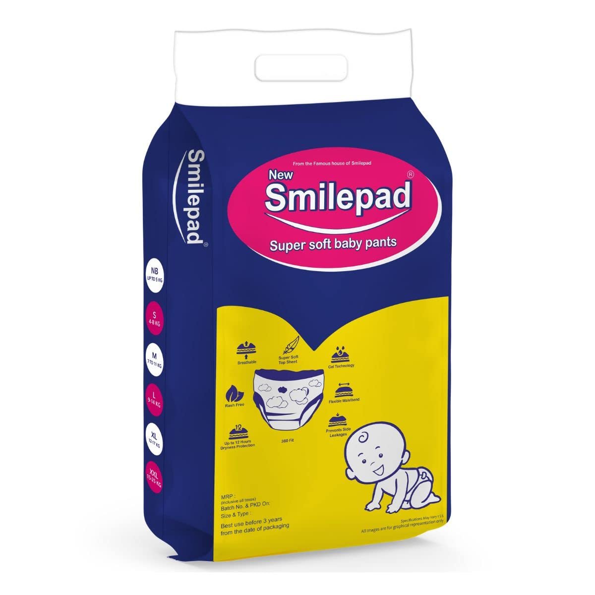 Smilepad Baby Diaper XXL Size – Pant Style Baby Diapers – 15 To 25 Kg – Super Soft Rash Free – A Pack Contains 50 Diapers