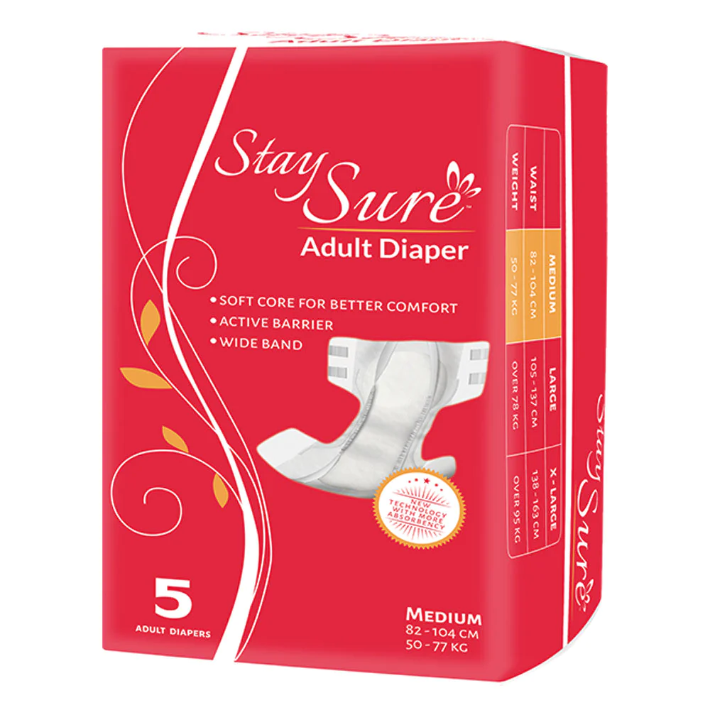 Stay sure adult diaper sticky type – Medium – PREMIUM PLUS – A Pack Contains 5 Pcs