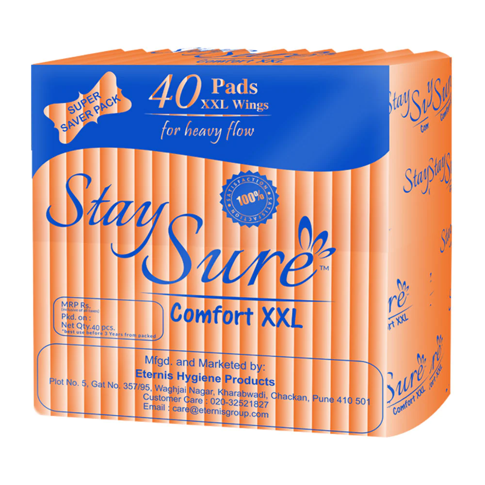 Stay sure 320mm xxl & extra thin sanitary pads pack of 40 individually wrapped pads transparent pack