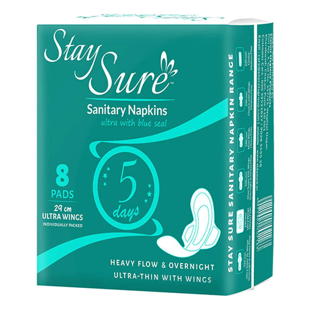 Stay sure 280mm extra large & extra thin sanitary pads pack of 8 individually wrapped pads