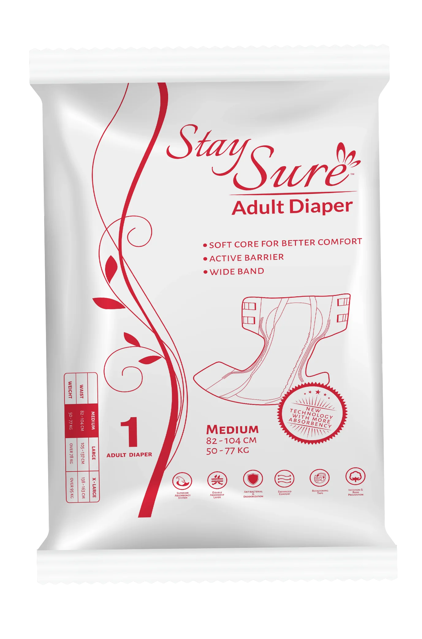 Stay sure adult diaper Sticky Type – Medium – Unisex – PREMIUM PLUS – A Pack Contains 1 Pcs