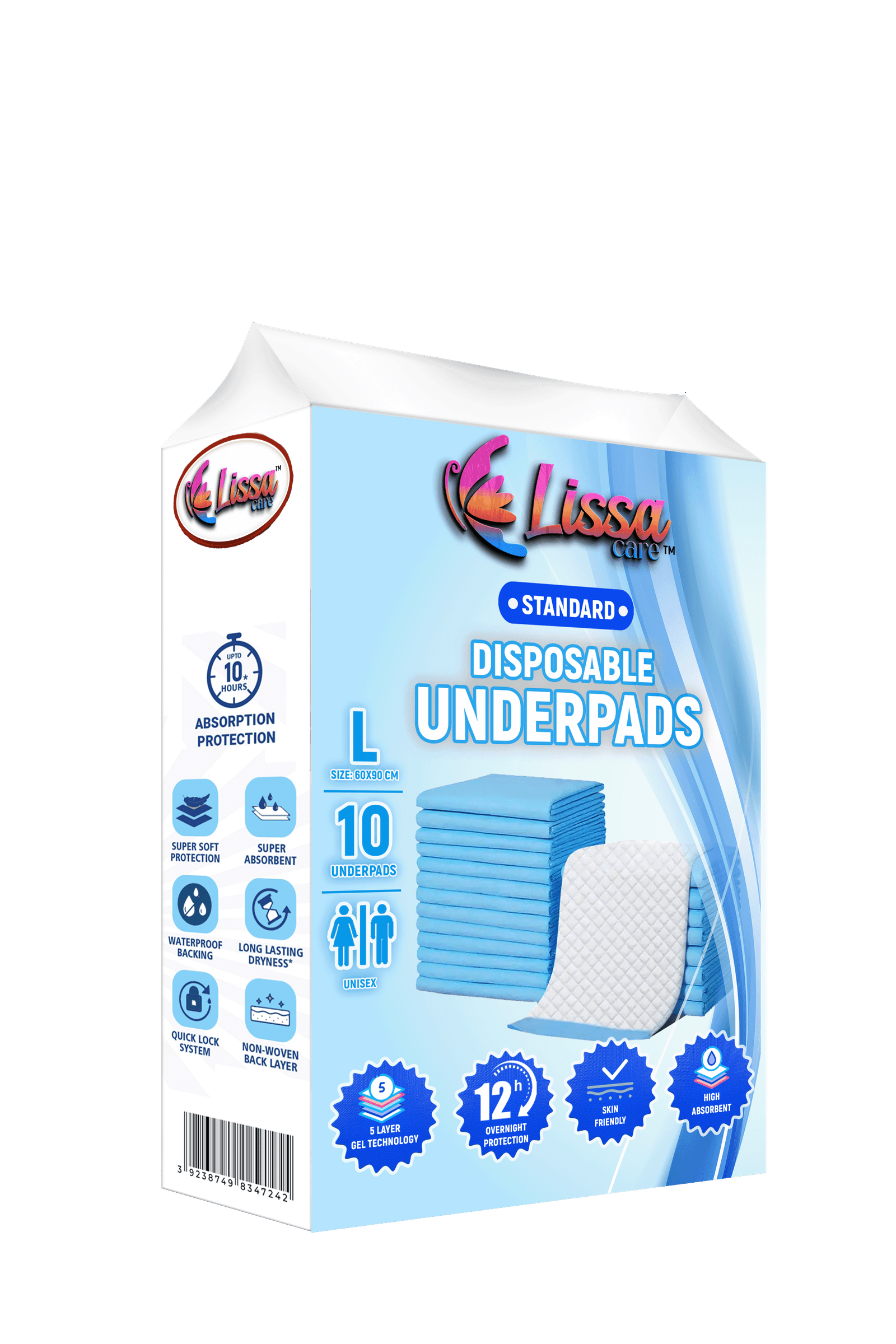 Lissa Care™ Unisex Disposable Underpad Incontinence pad 60 X 90CM Super Absorbent Polymer High Absorbency Anti Leakage Protection 5 Layer Protection Skin Friendly – A Pack Contains 10 Pcs